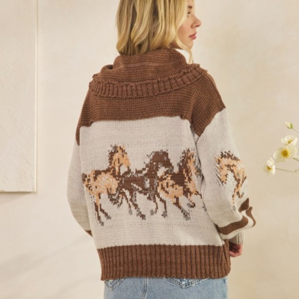 Cozy Horse Western Graphic Wide Collar Button Down Cardigan - Picture 2 of 5